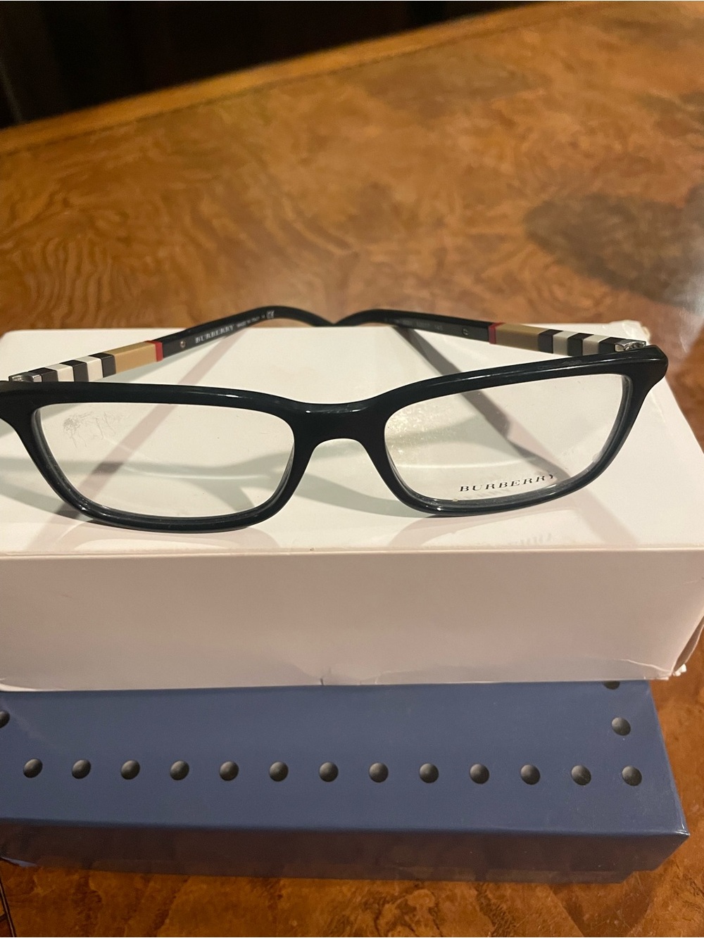 Burberry Black Women's Rectangular Glasses with Signature Check Temples